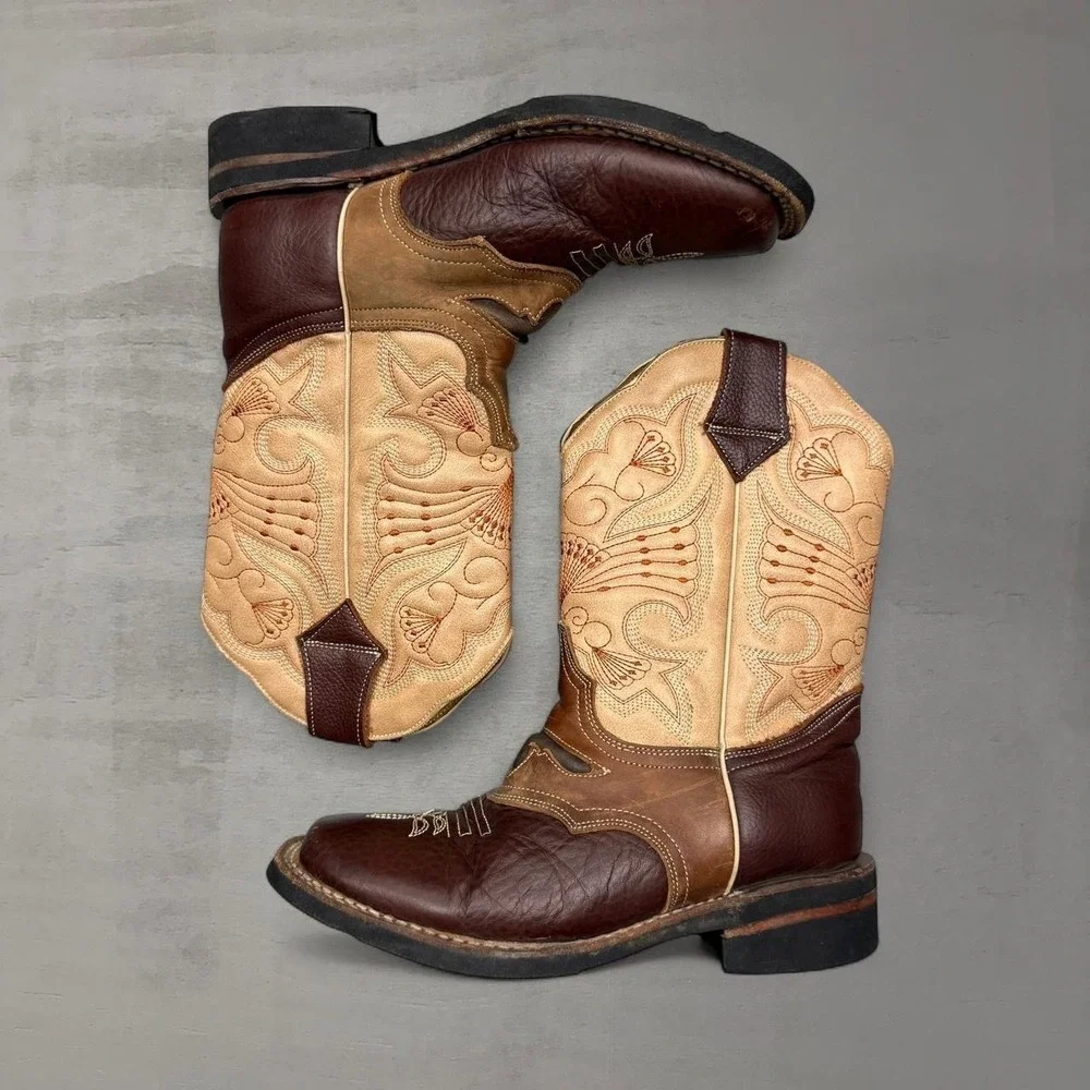 Kids Western Cowboy Boots Square‎ Toe Brown Tan Crazy Pull On Shoes Size 22.5
